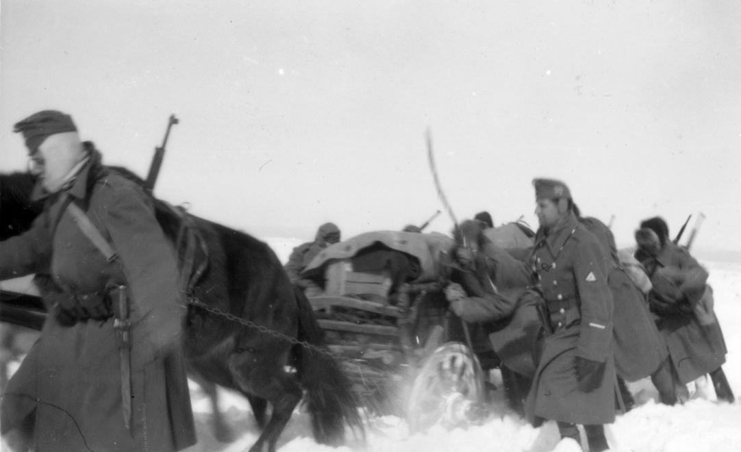 Венгерские солдаты на дороге в Харьковской области, февраль 1942 года