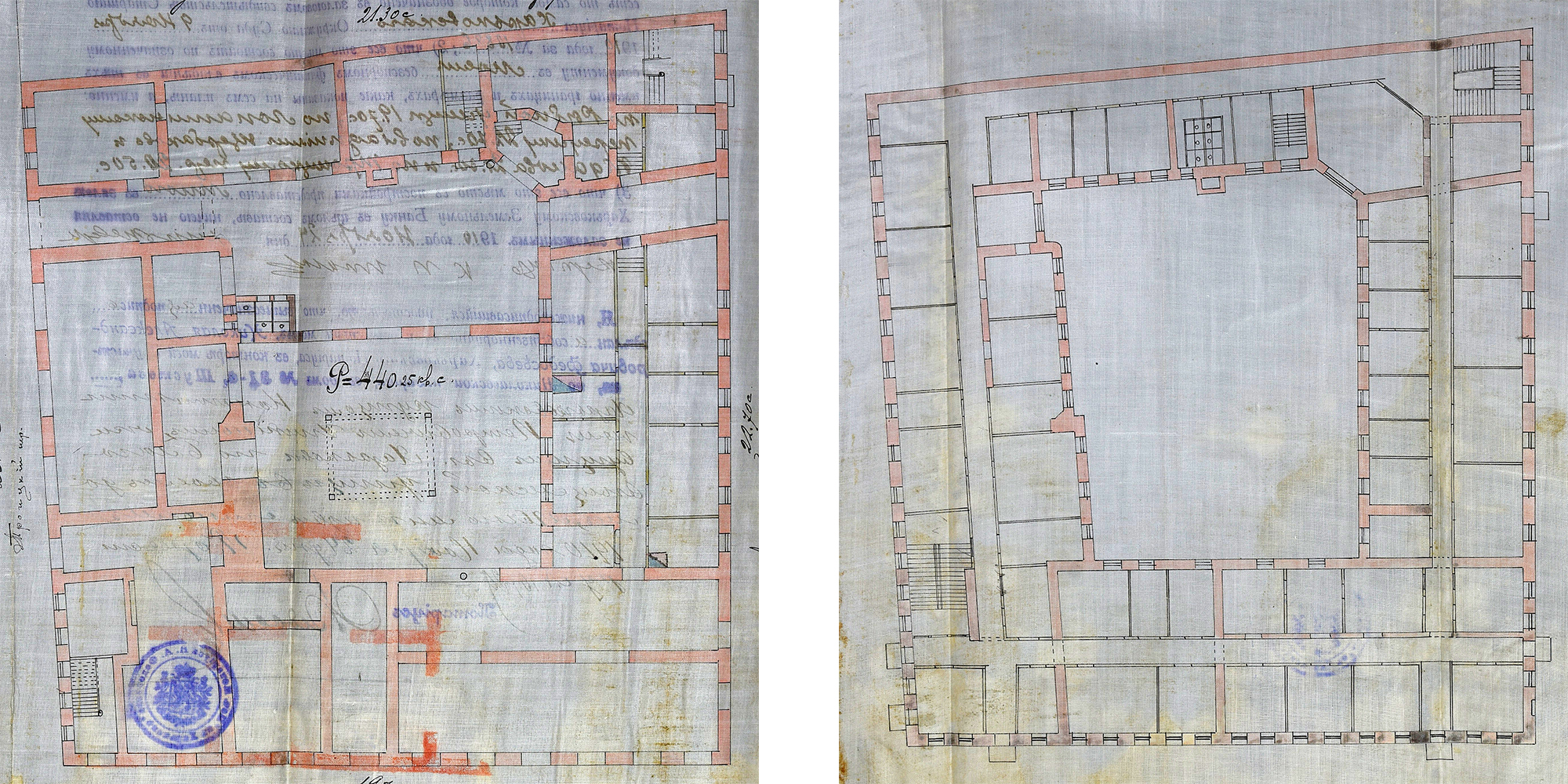 План первого этажа и дворового места (слева), план третьего этажа (справа), 1910 год