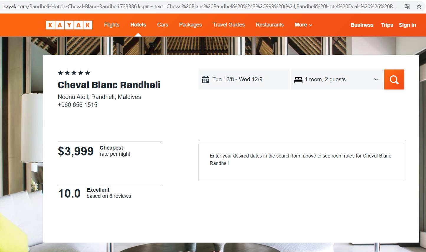 Самая дешевая цена за ночь в отеле Cheval Blanc Randheli. Скрин: сайт туристического метапоисковика Kayak