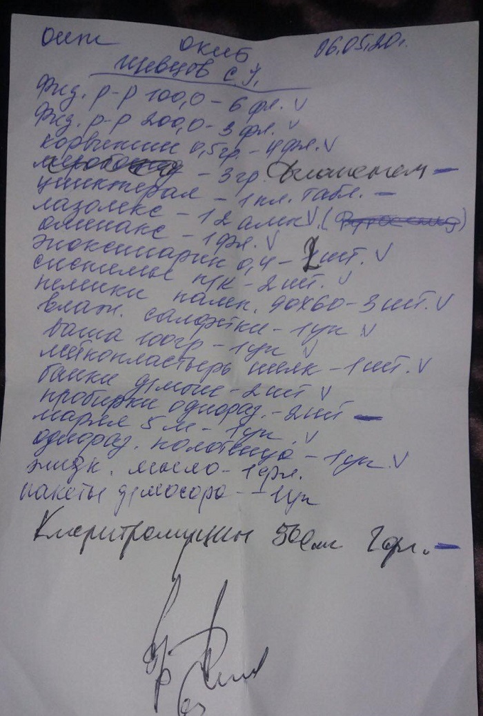 Список лекарств, который передавали родственникам Сергея Шевцова. Фото: Маргарита Шевцова